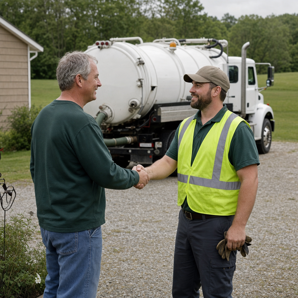 A septic technician shaking a West Town homeowner's hand beside the service truck after a completed pump-out