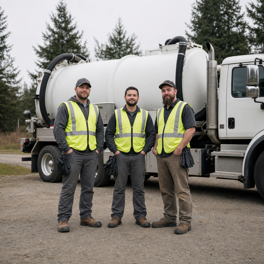 The West Town septic pumping crew standing together beside their clean white vacuum truck on a residential street