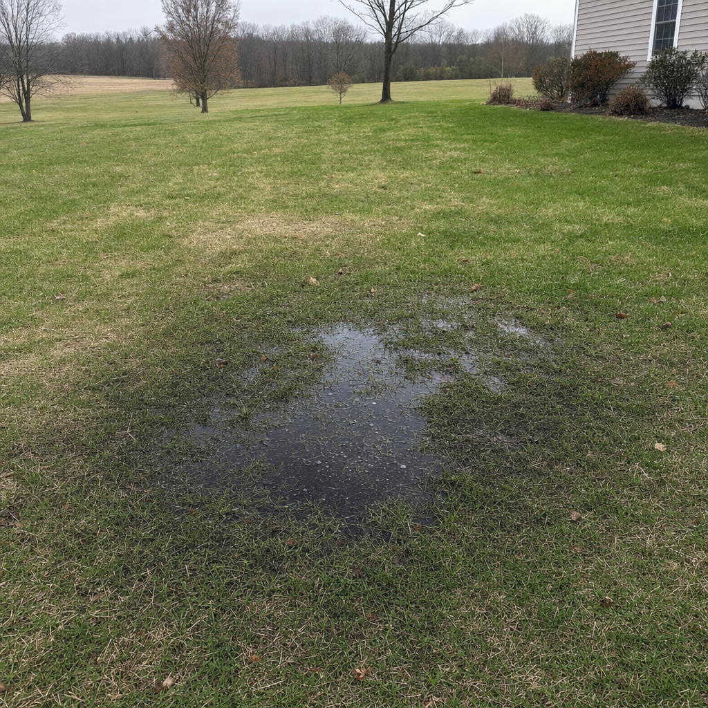 A dark, saturated wet spot in a West Town backyard lawn marking a failing cesspool at capacity