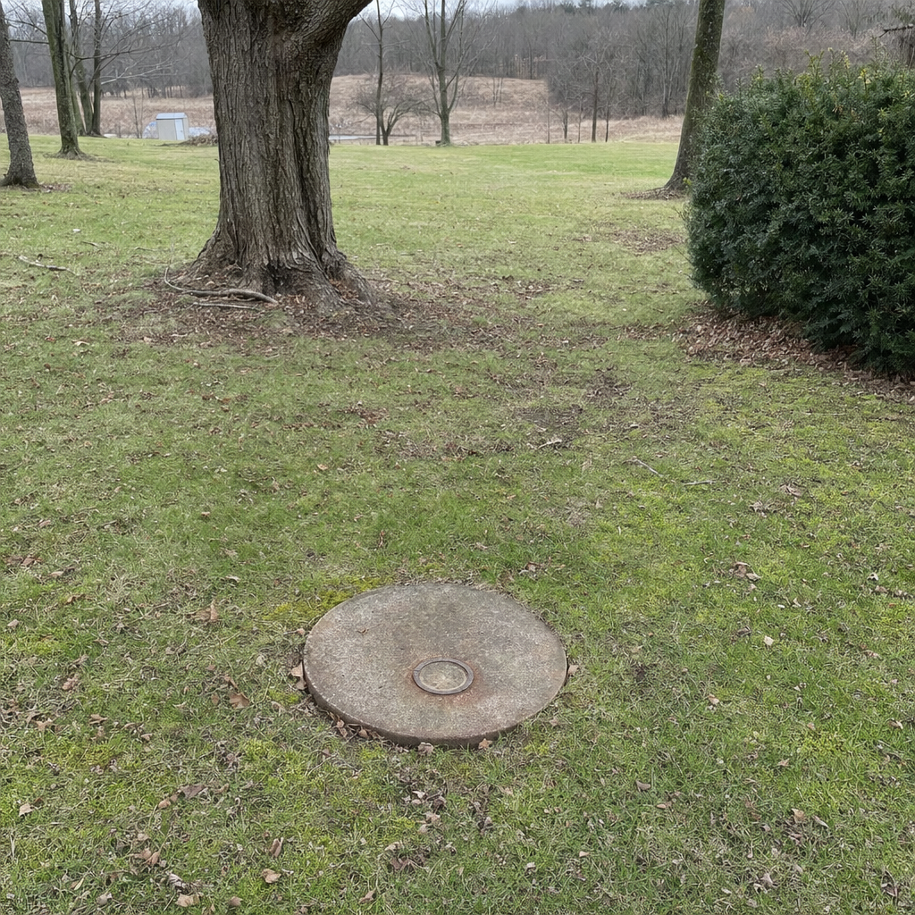 An older round cesspool access lid set flush in an established, mature West Town backyard lawn