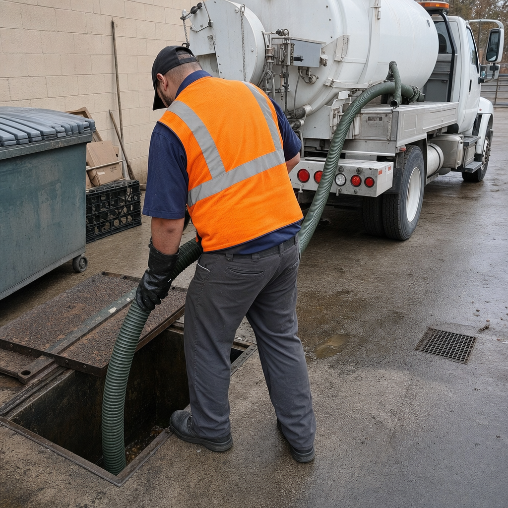 Technician pumping a grease trap behind a West Town restaurant