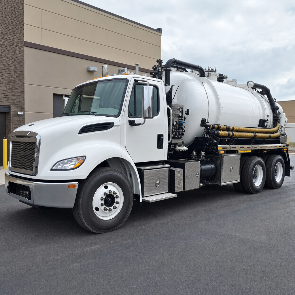 Commercial septic vacuum truck parked in a West Town business parking lot