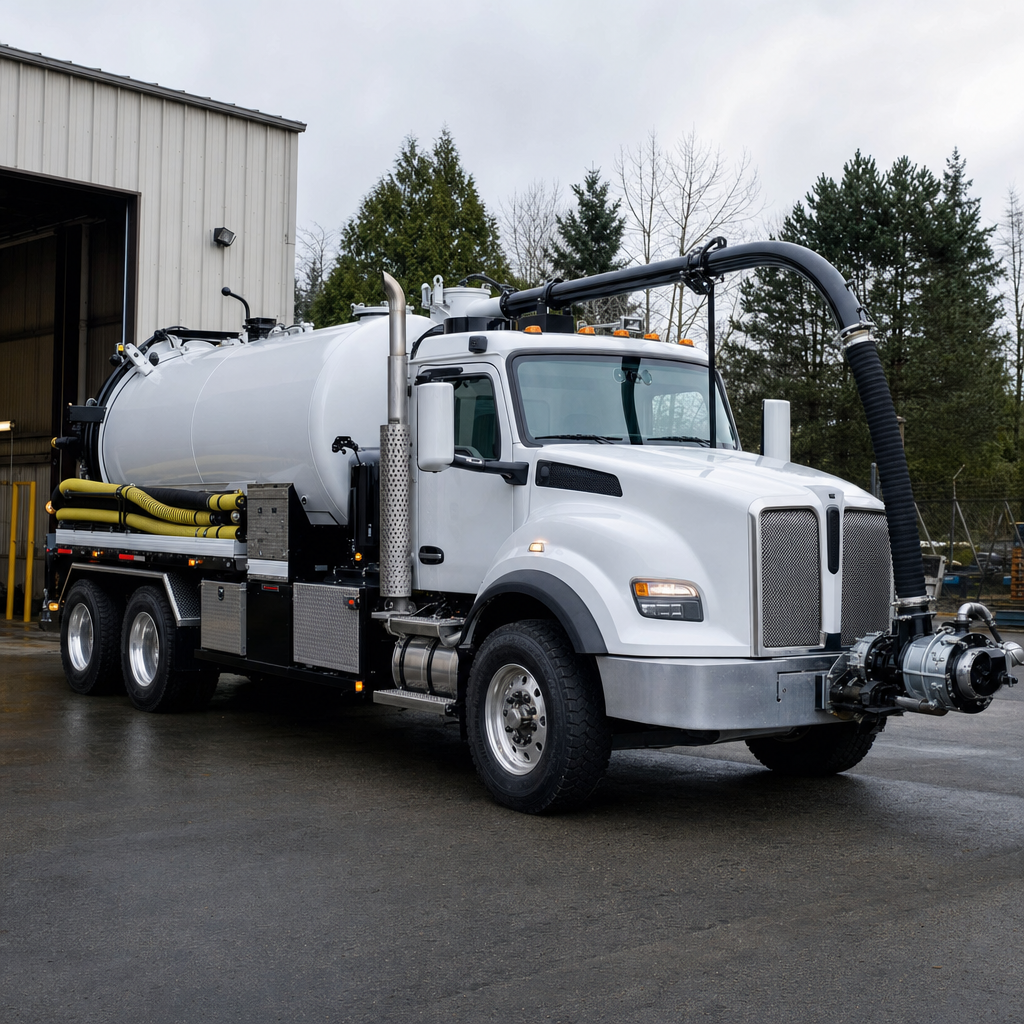 A clean white septic vacuum truck rolling out of a tidy West Town service depot at the start of the day
