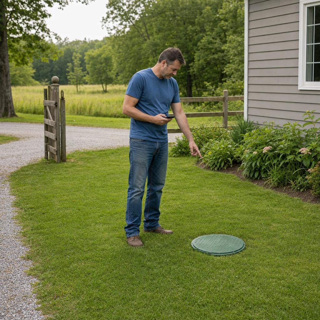 A West Town-area homeowner standing in the backyard noting where the septic tank lid and access route are located