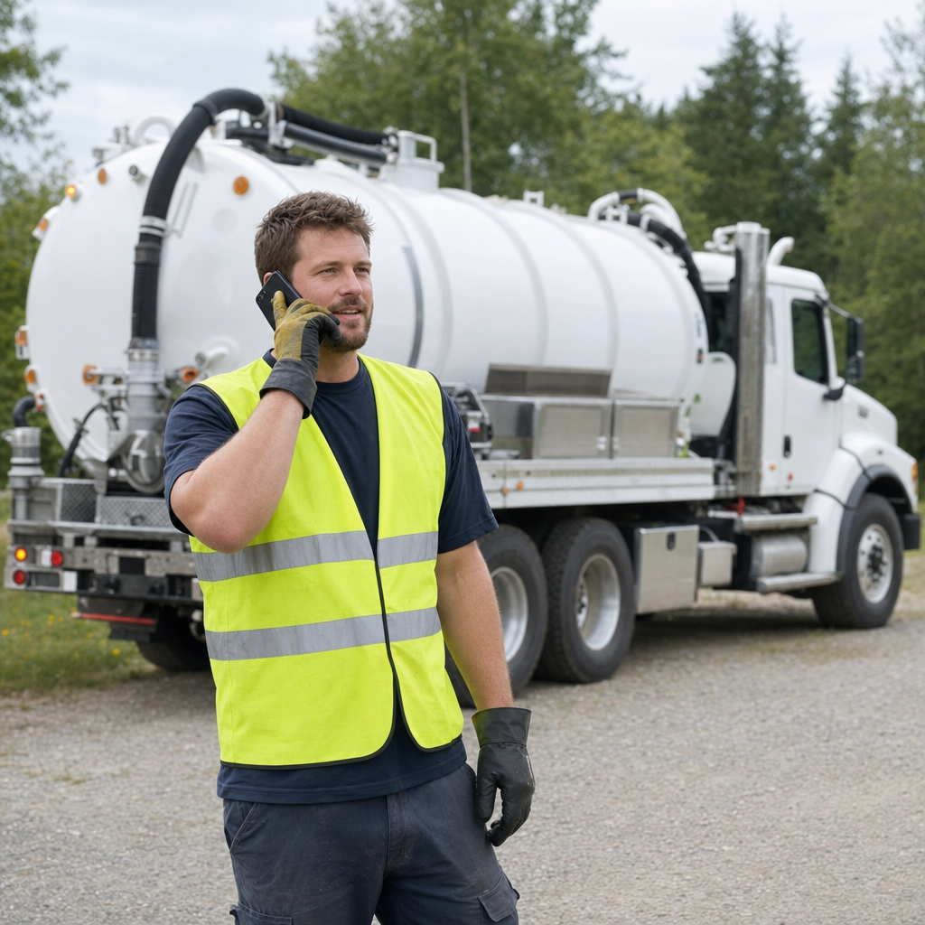 A friendly septic dispatcher holding a phone, ready to answer a West Town homeowner's call about a pump-out