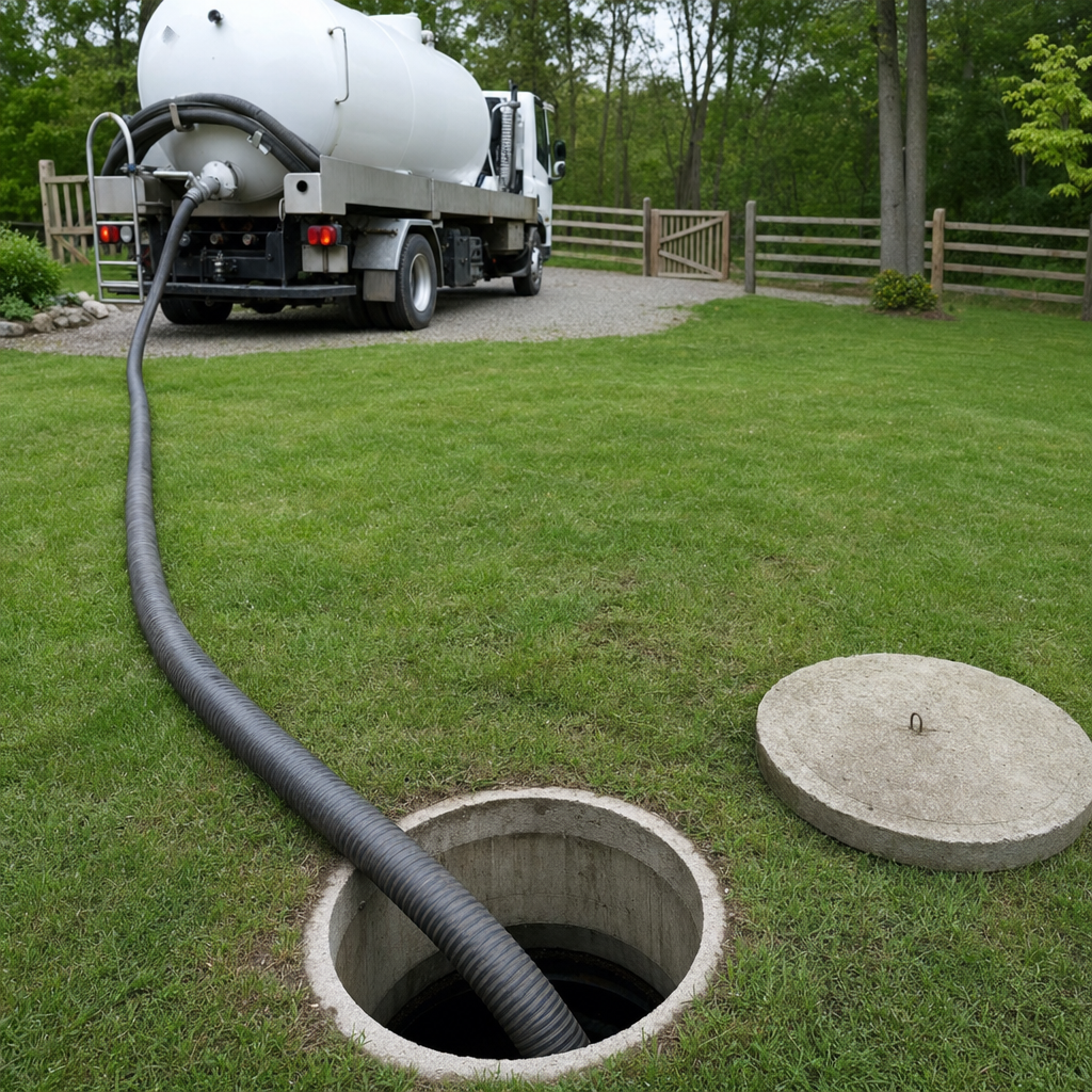 Suction hose connected to an open septic tank, drawing it down in a tidy West Town yard