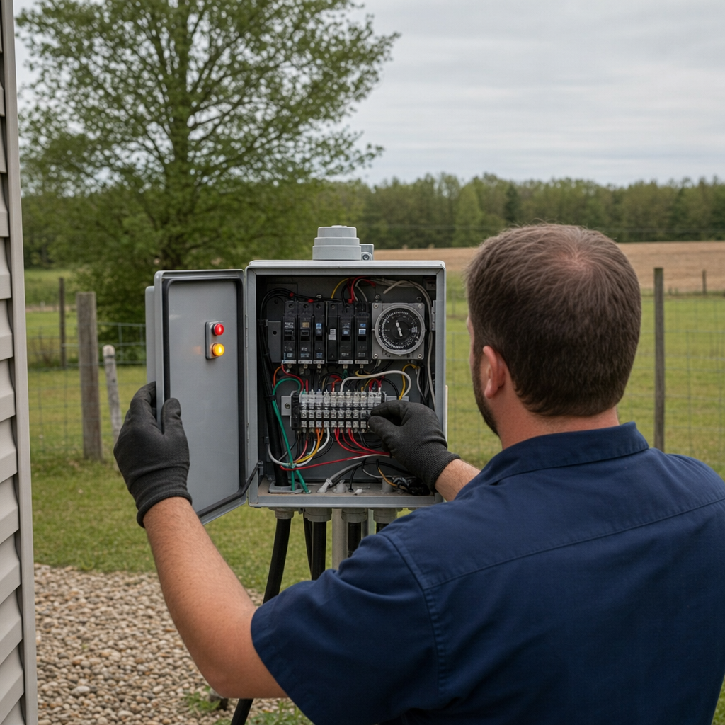 Technician checking an aerobic septic control box with a lit red high-water alarm during a same-day West Town visit