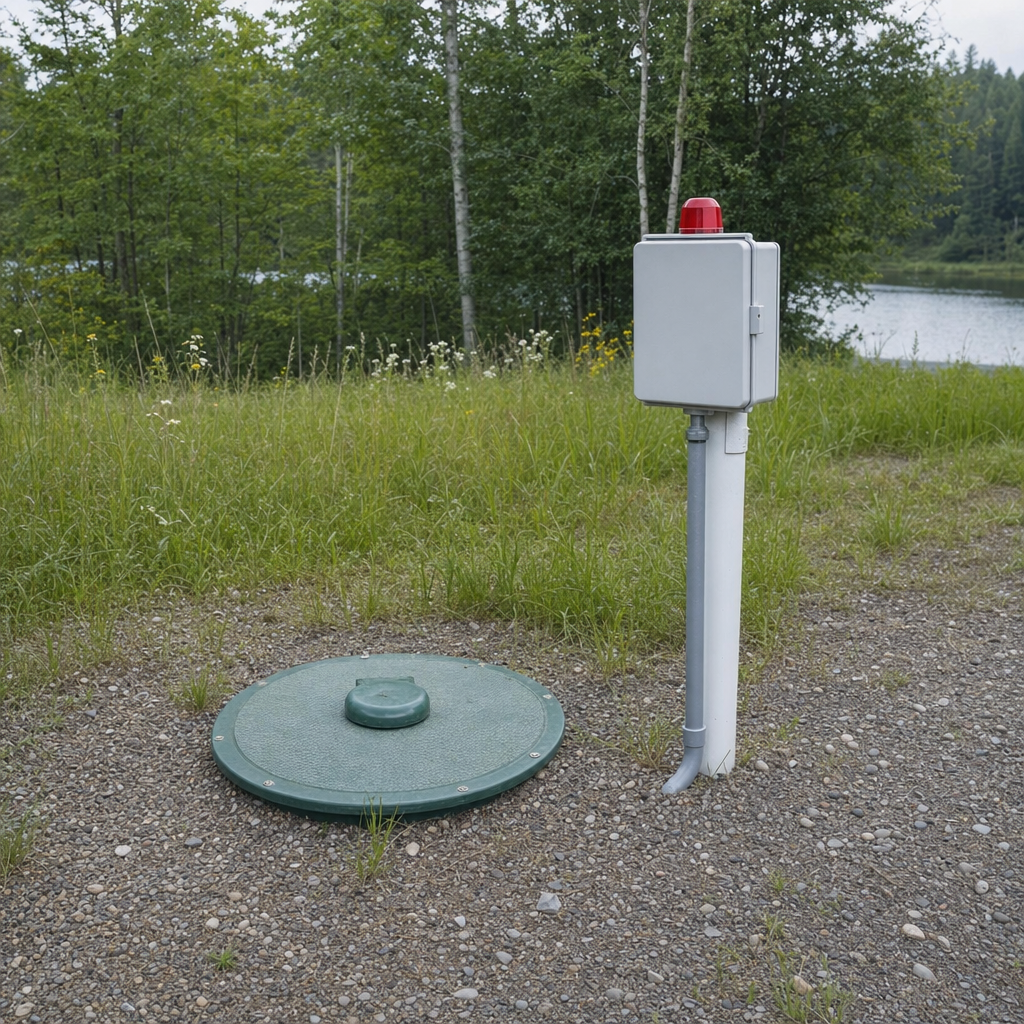 A wastewater holding tank access lid set in the ground at a rural West Town-area cabin, with a mounted high-level float alarm panel nearby