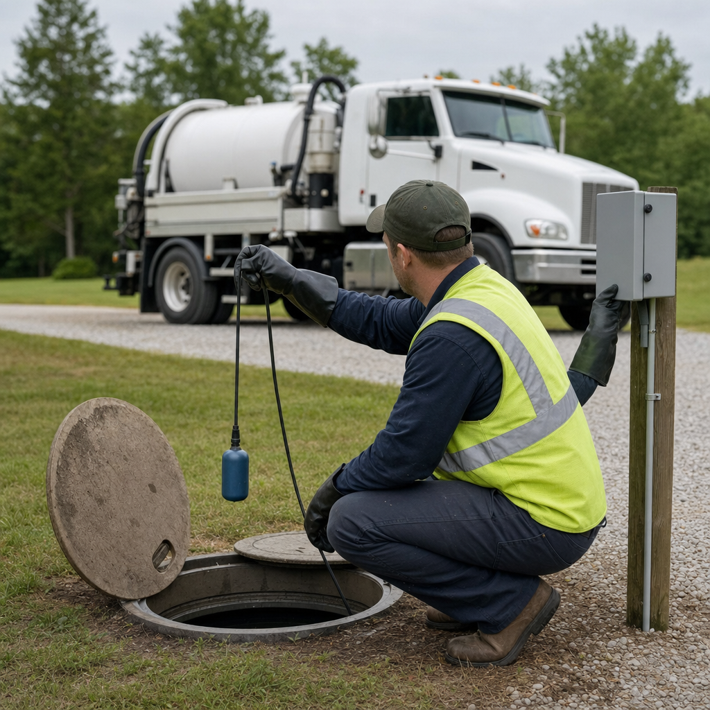 A septic technician in a high-visibility vest checking a high-level float switch and alarm panel on a holding tank at a rural West Town-area site