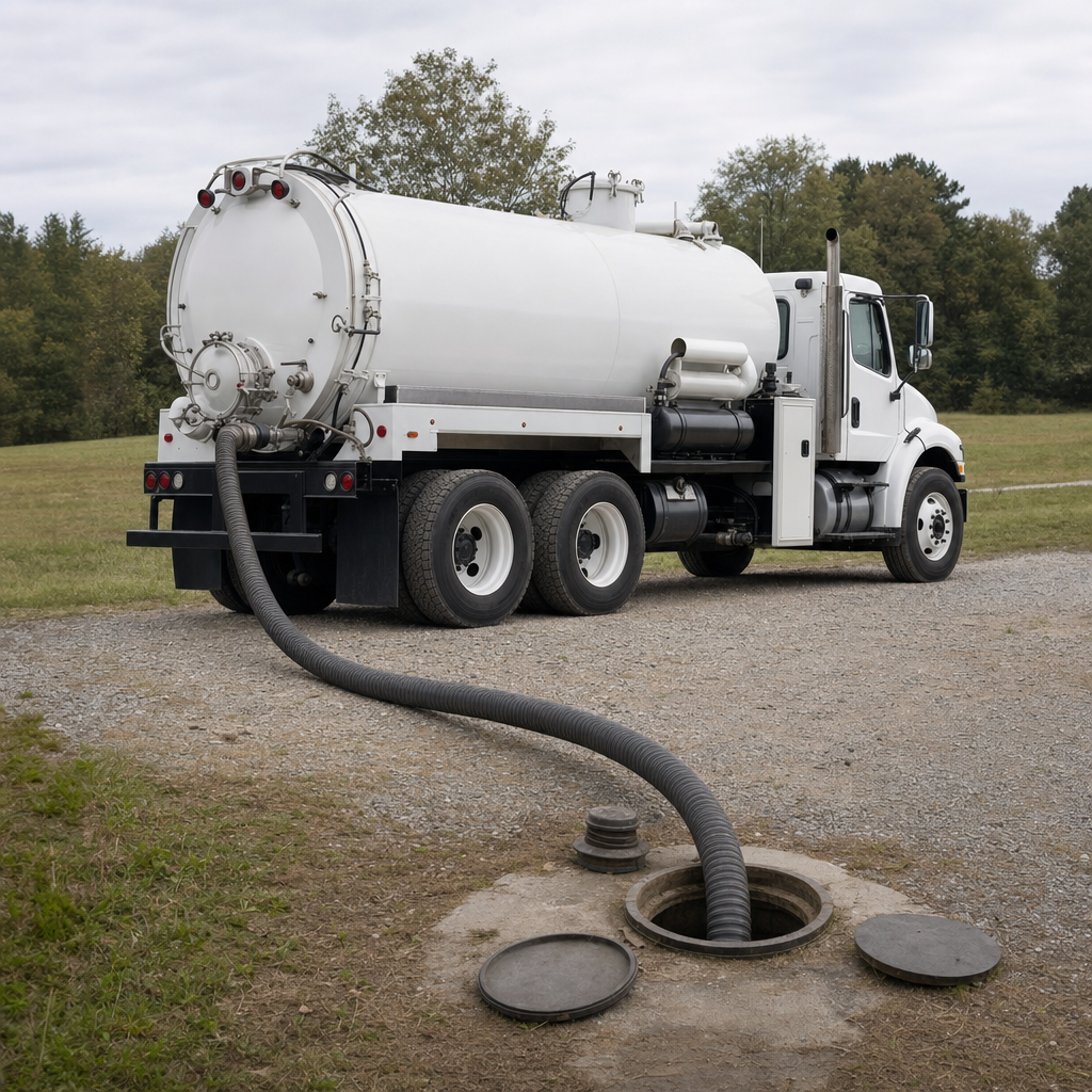 An unmarked white vacuum truck emptying a wastewater holding tank on a scheduled visit at a rural West Town-area property, thick suction hose running to the tank lid
