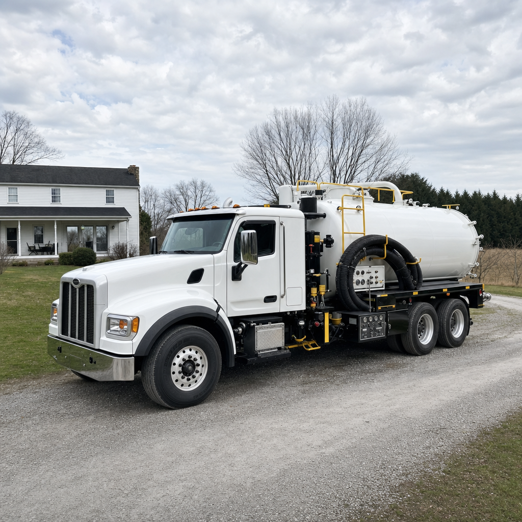 A clean white septic vacuum truck parked on a tidy West Town driveway with the suction hose neatly coiled