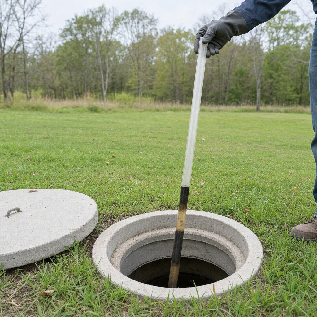 A septic sludge-judge measuring stick lowered into an open West Town septic tank to read the depth of the sludge and scum layers before deciding whether a pump-out is due