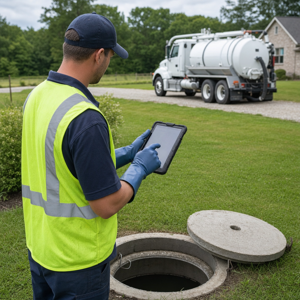 A septic technician recording a West Town home's pump-out date and tank condition on a tablet beside an open access lid, tracking the service history that sets the next due date