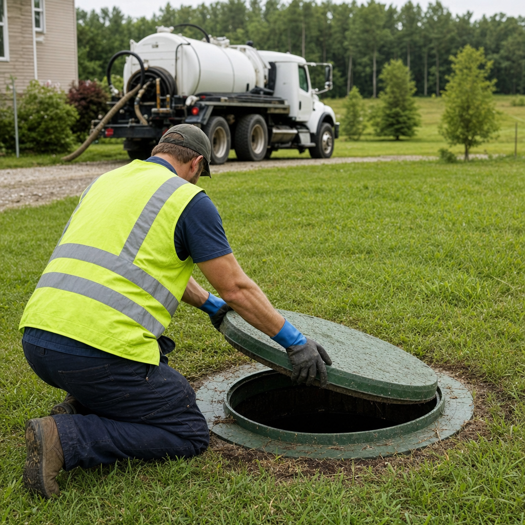 Septic technician kneeling on a West Town lawn, lifting the access lid on a residential septic tank