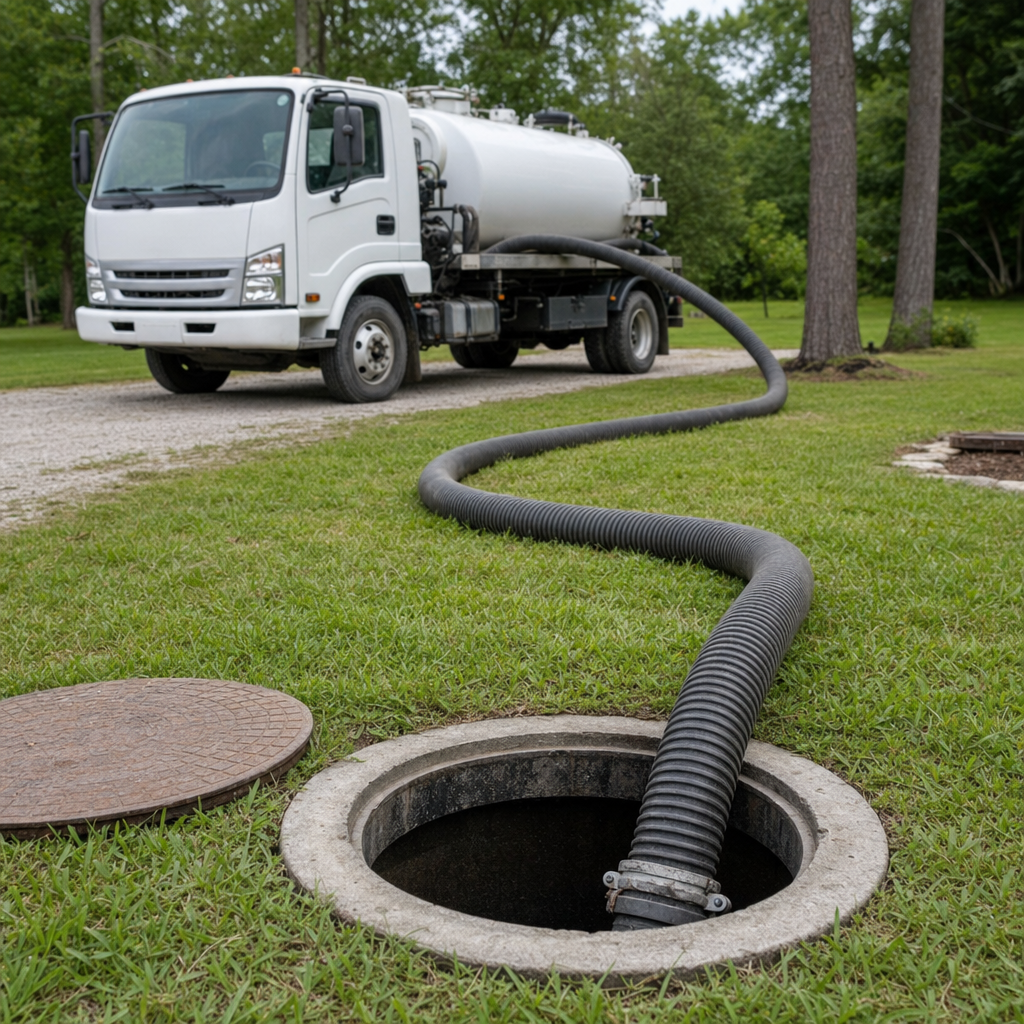 Thick ribbed suction hose lowered into a clean open septic tank port on a tidy West Town backyard lawn