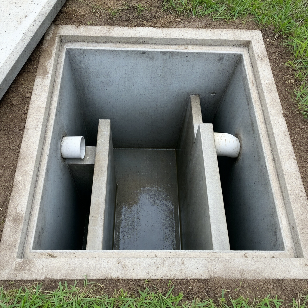 Inspection of the concrete baffles inside an open, emptied and freshly cleaned West Town septic tank