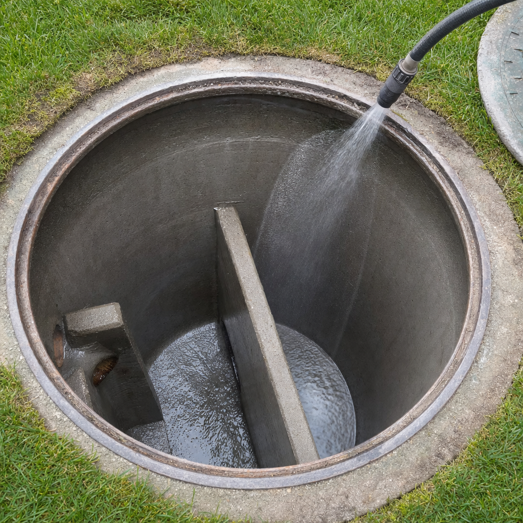 Interior concrete walls of an emptied West Town septic tank being rinsed clean with the truck's onboard water hose
