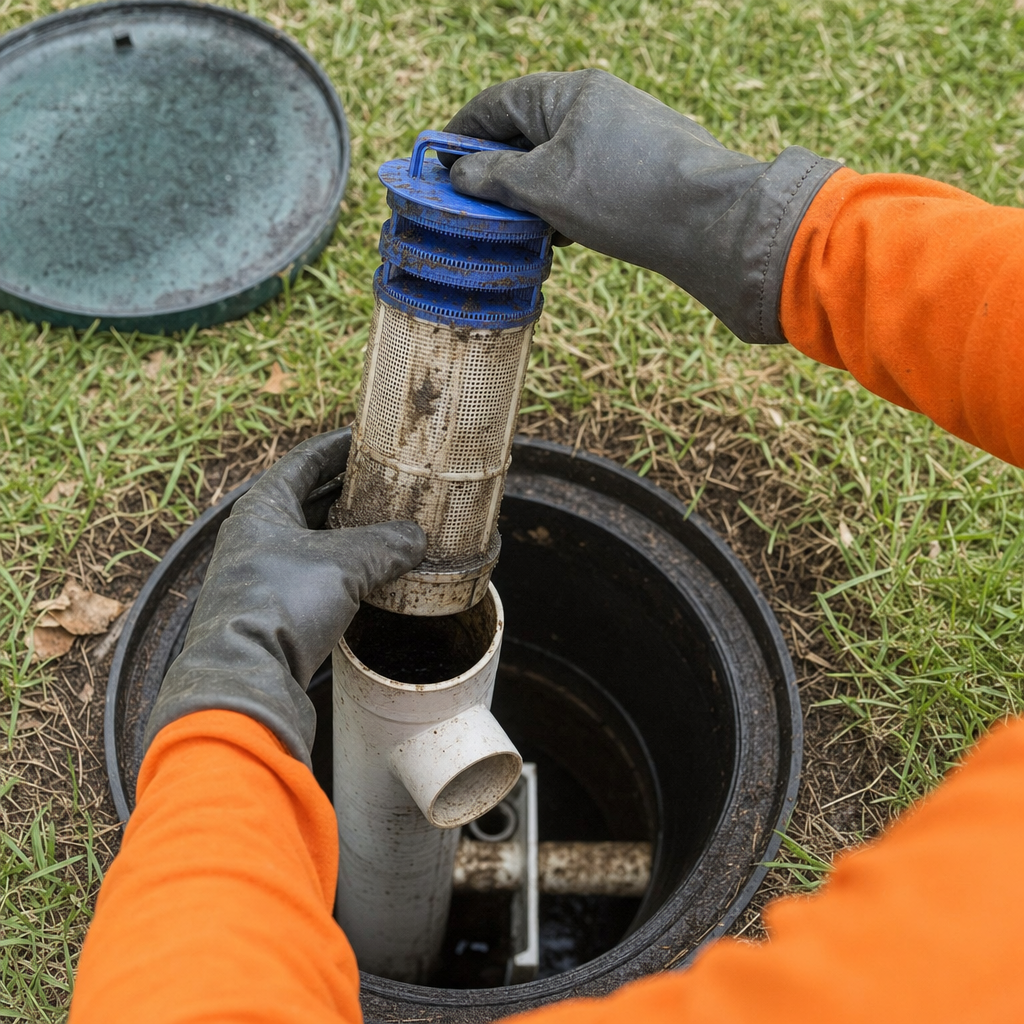 Septic technician's gloved hands lifting the effluent filter cartridge out of the outlet housing on a West Town septic tank