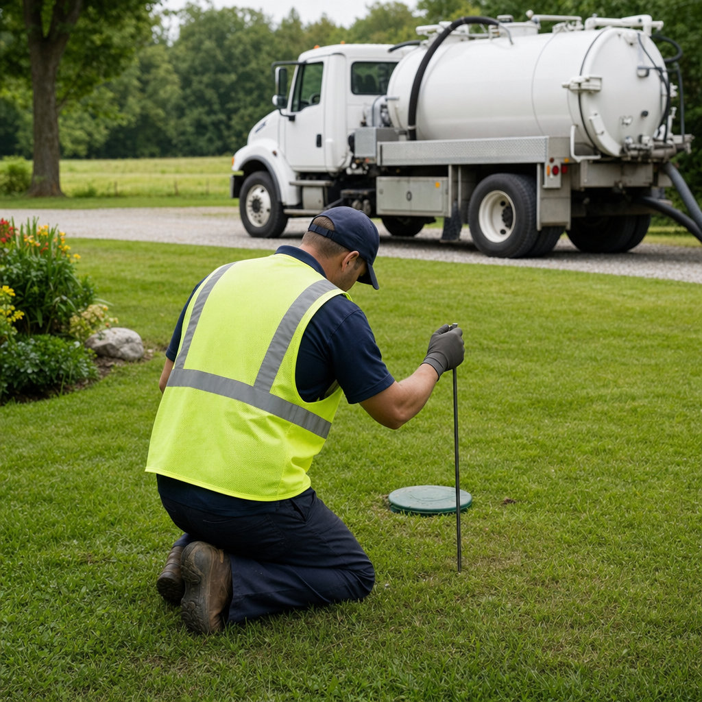 Septic technician kneeling on a West Town lawn, probing to locate and measure the depth of a buried septic tank lid before pumping