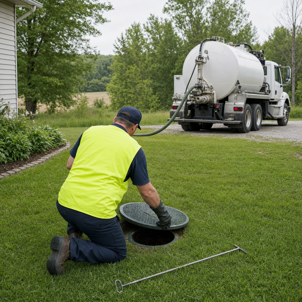 Septic technician kneeling on a West Town lawn, lifting the buried access lid on a residential septic tank