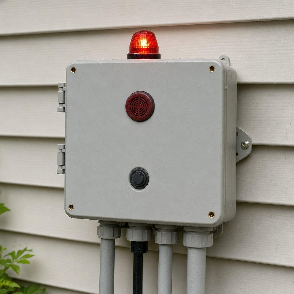 An aerobic septic system control panel mounted outside a West Town home with its red high-water alarm light lit