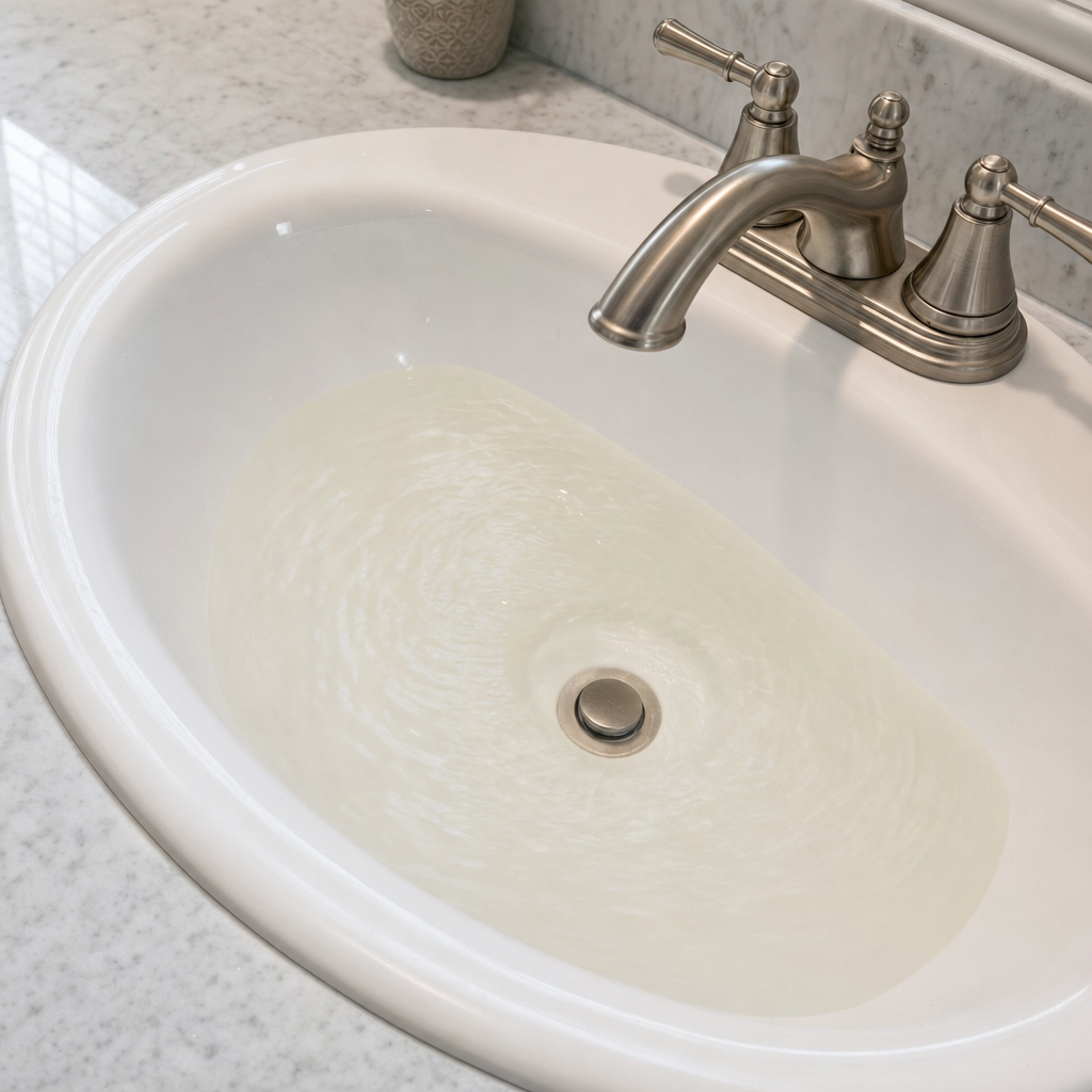 A bathroom sink draining slowly with water pooled in the basin, an early warning sign that a West Town septic tank is full